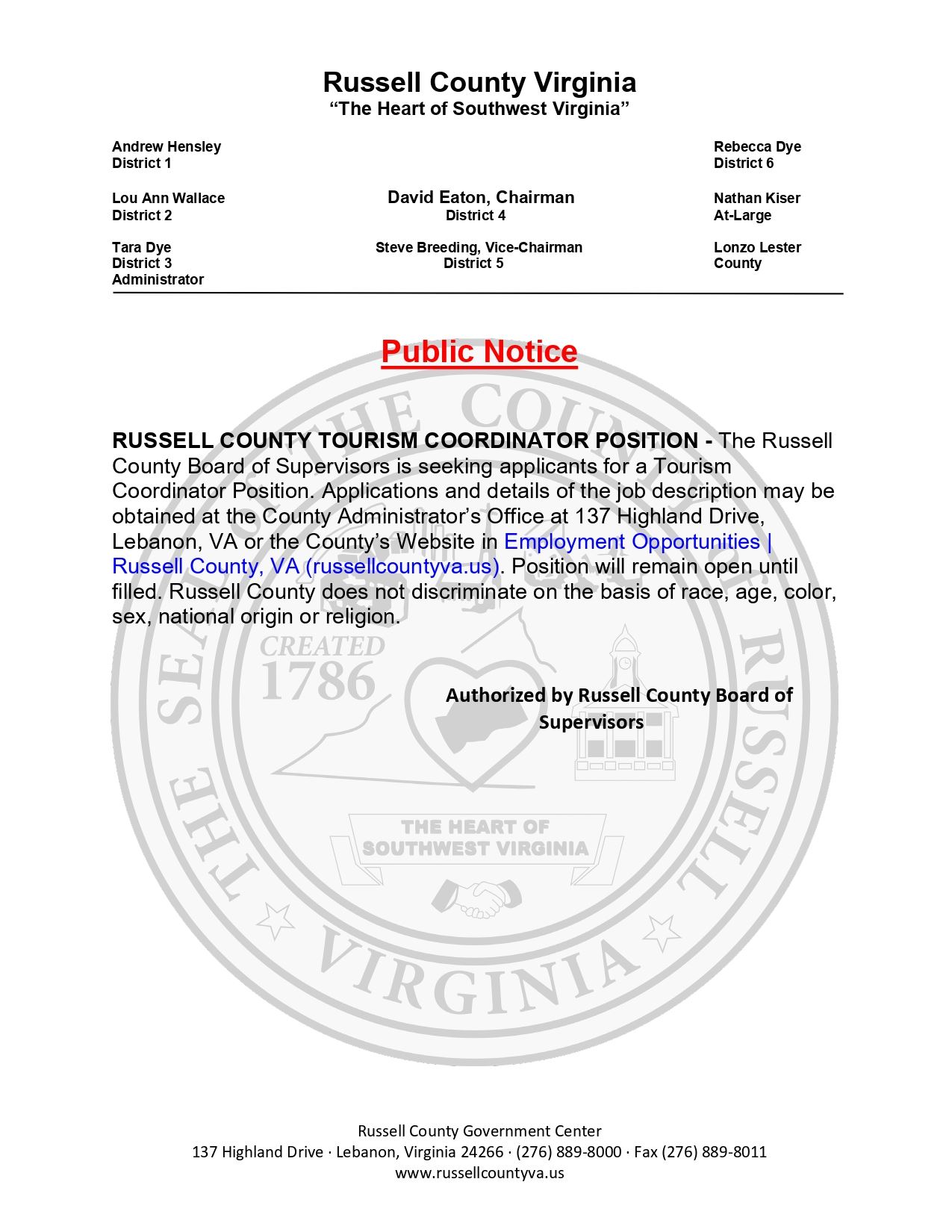 Tourism Coordinator Position Notice